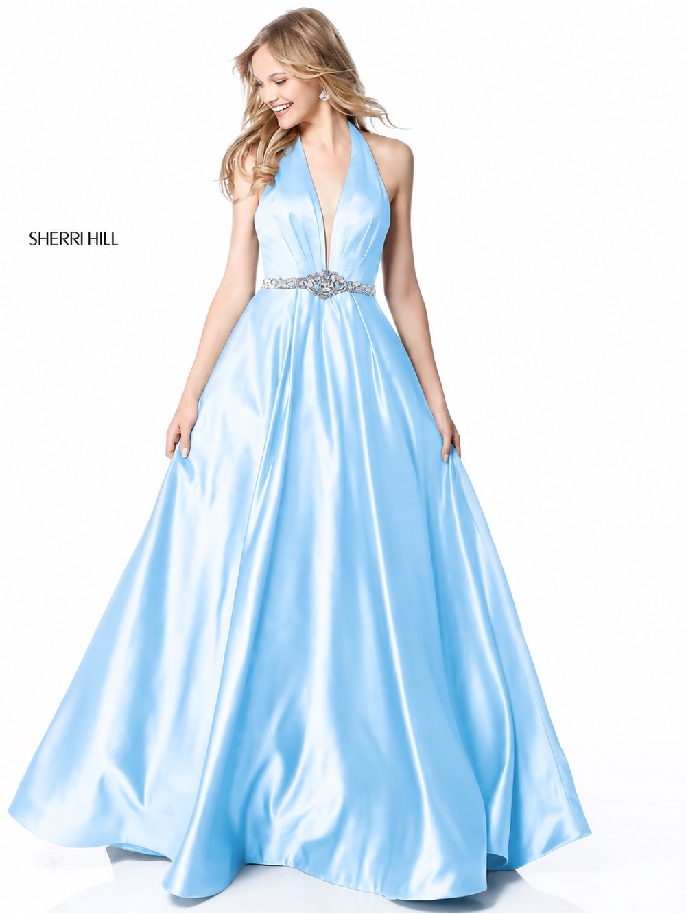 Sherri Hill Sky Blue Satin Halter Evening Gown